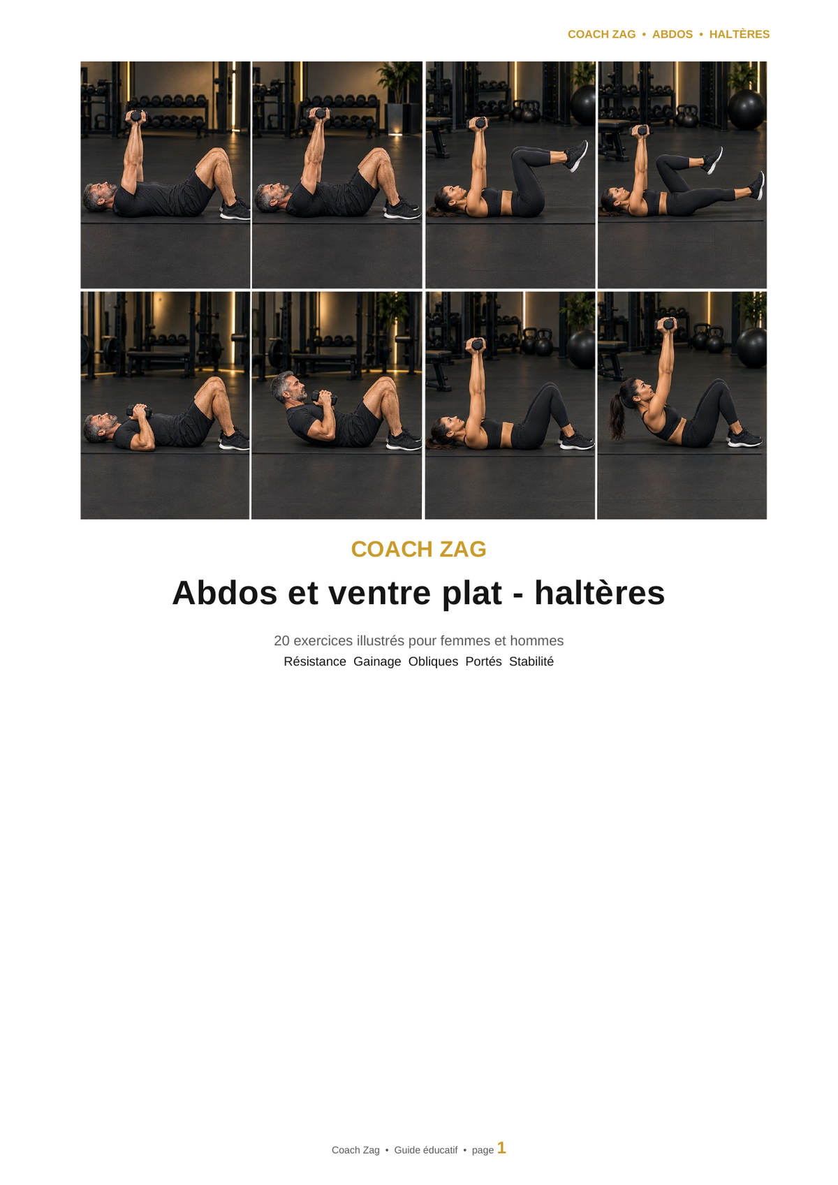 Pack Abdos et ventre plat – Haltères – 20 exercices illustrés | Coach Zag