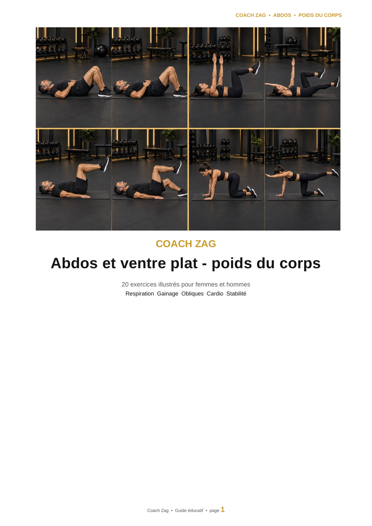 Pack Abdos et ventre plat – Poids du corps – 20 exercices illustrés | Coach Zag