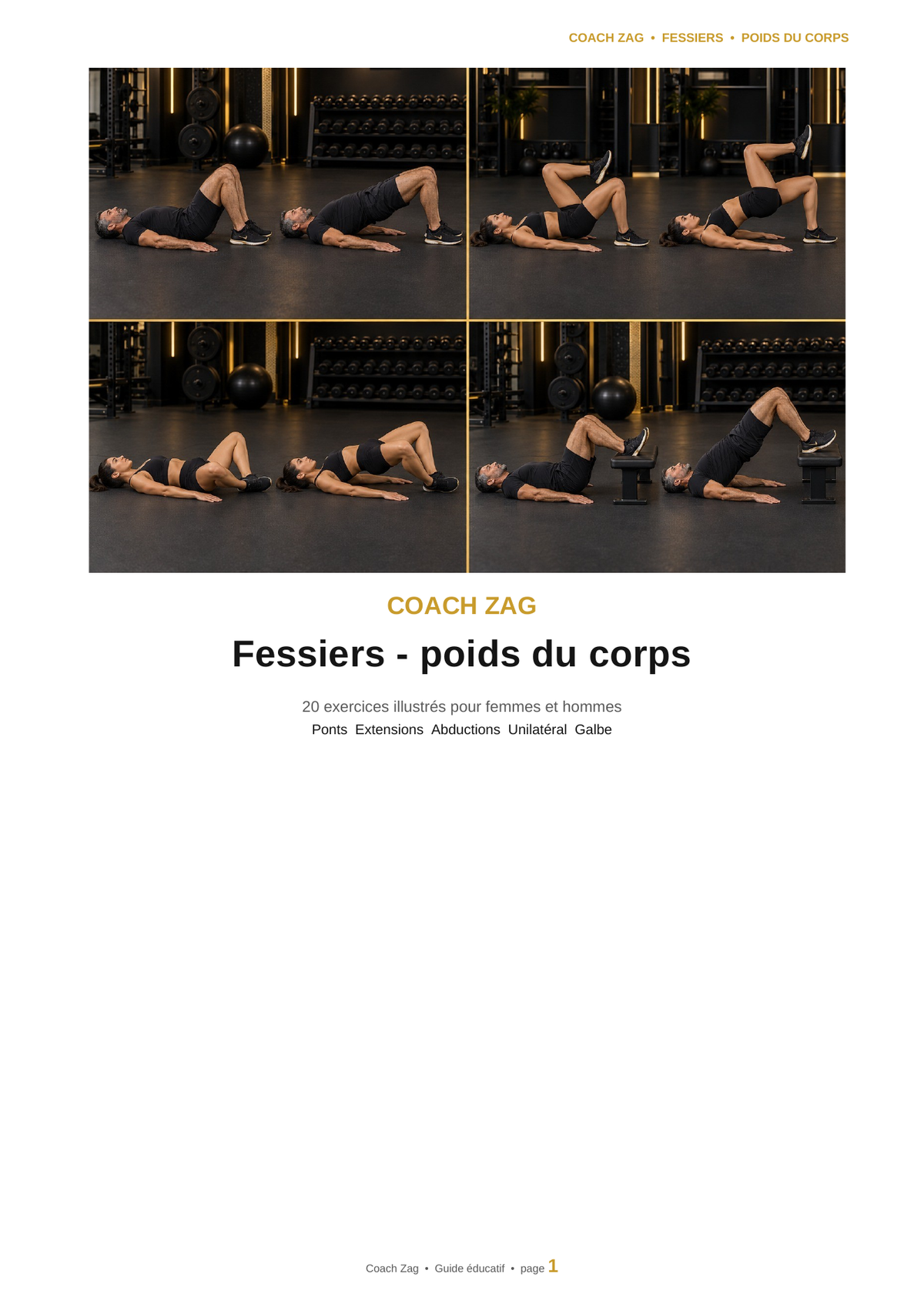 Pack Fessiers – Poids du corps – 20 exercices illustrés | Coach Zag