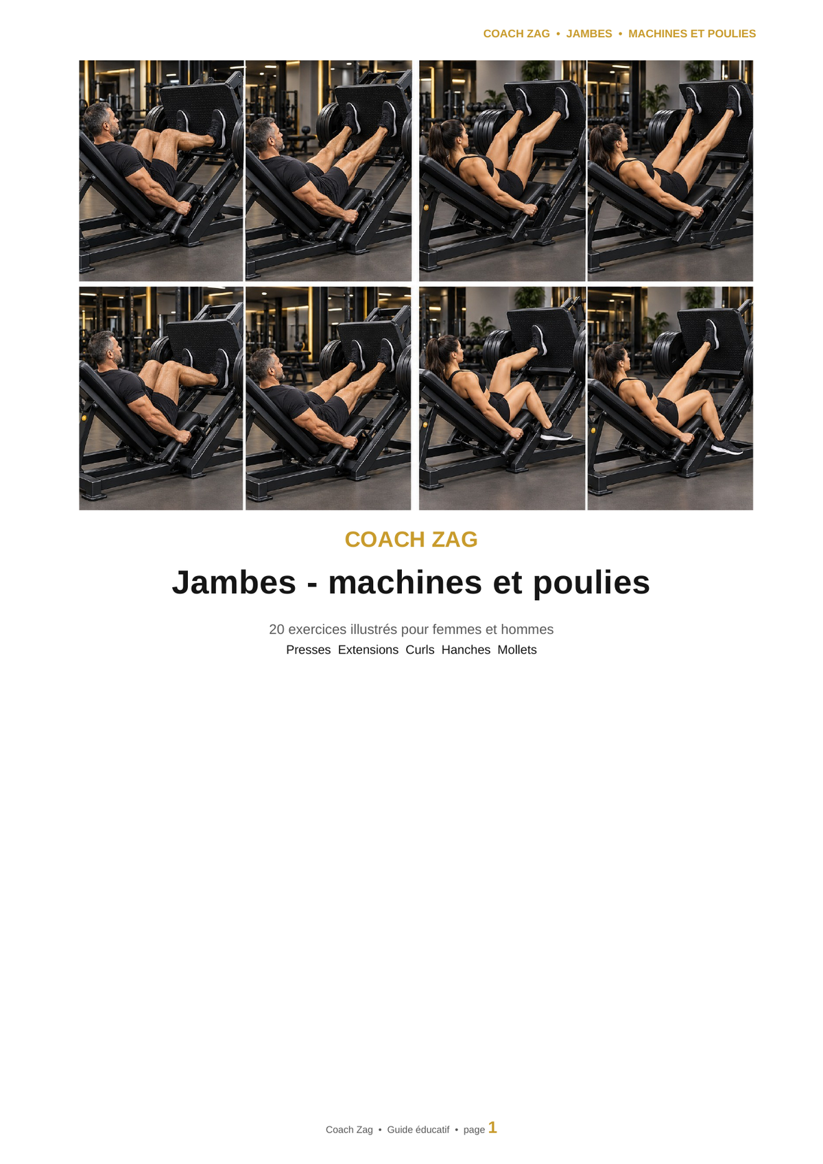 Pack Jambes – Machines et poulies – 20 exercices illustrés | Coach Zag