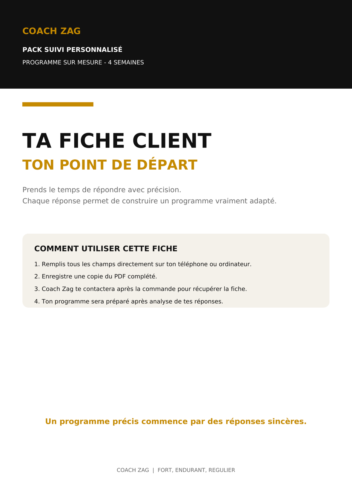 Pack Suivi personnalisé Coach Zag — Programme sur mesure 4 semaines